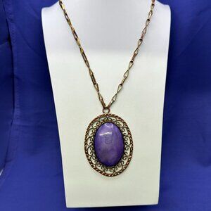 Large Mexican Purple Quartz Brass & Copper Pendant Necklace